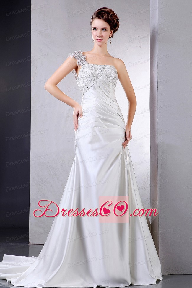 Wedding Dress With Appliques One Shoulder Court Train For Custom Made