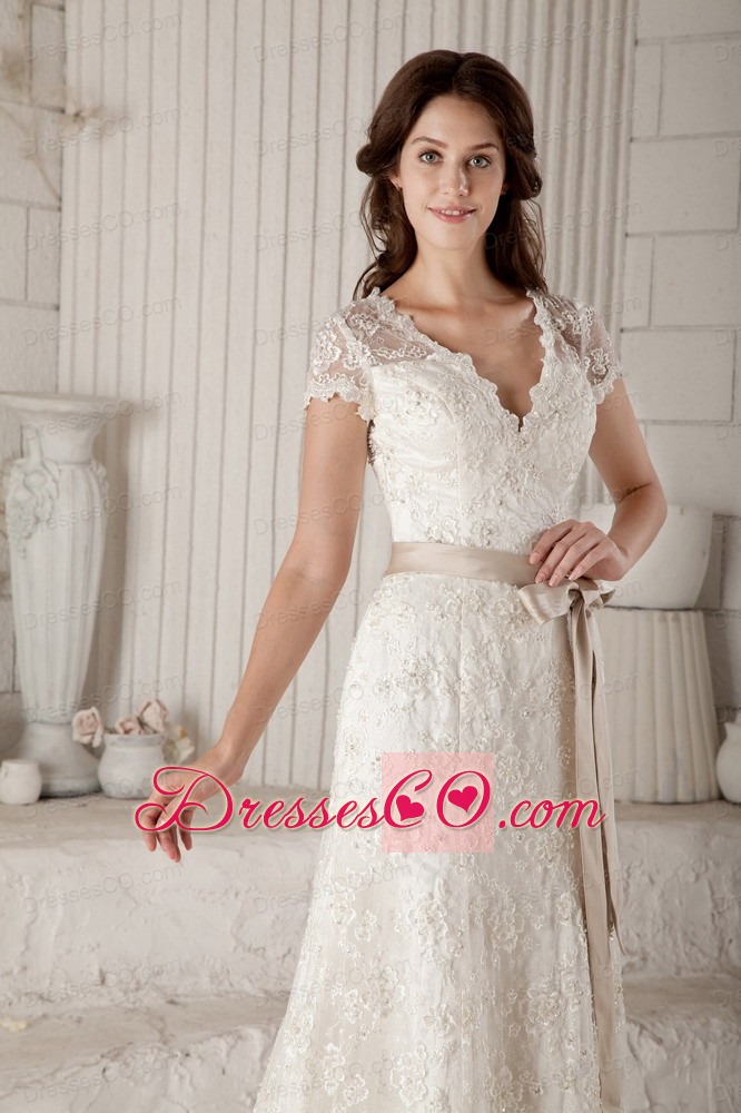 Pretty Column / Sheath V-neck Brush Train Lace Bow Wedding Dress