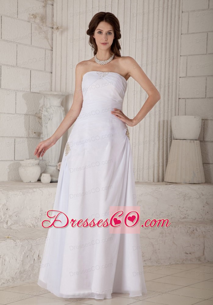 Simple Column Strapless Long Chiffon Beading And Ruching Wedding Dress