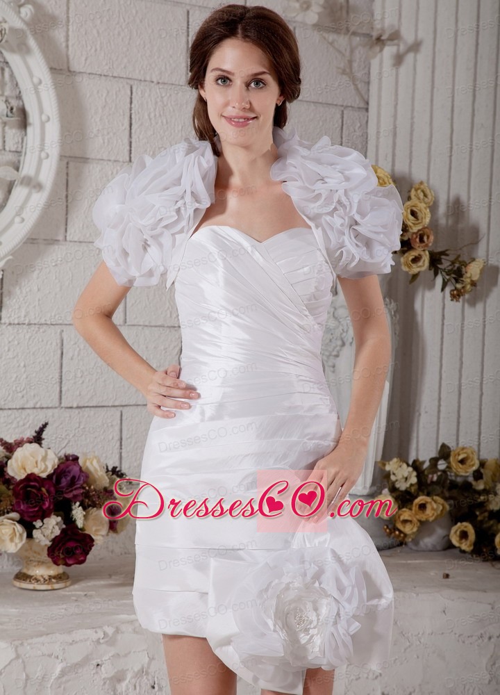 White Column Mini-length Taffeta And Organza Ruched Wedding Dress