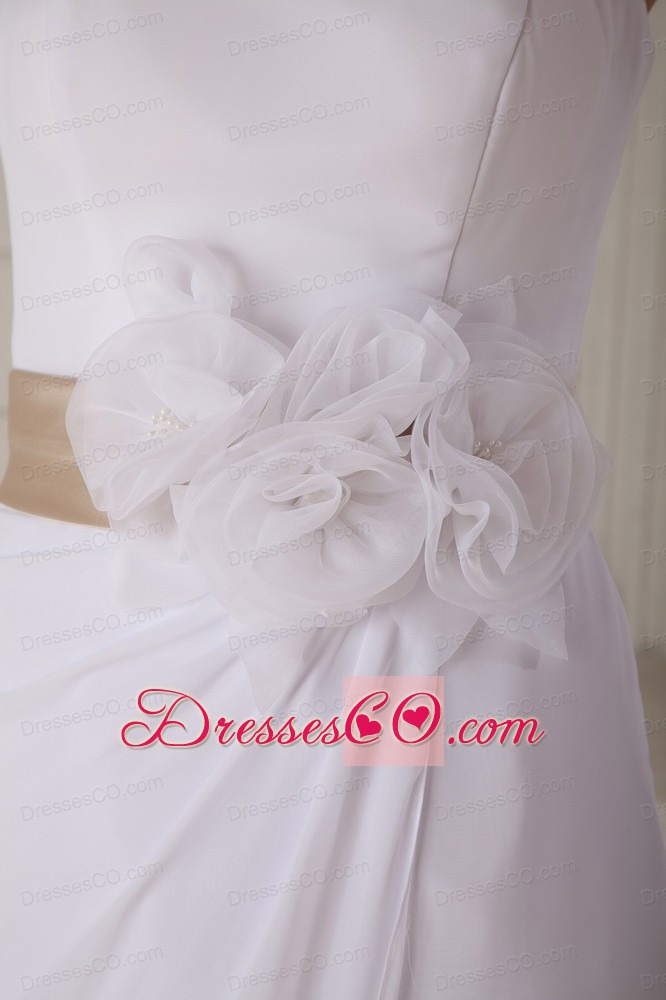 Cute Column Strapless Knee-length Chiffon Hand Made Flowers Wedding Dress