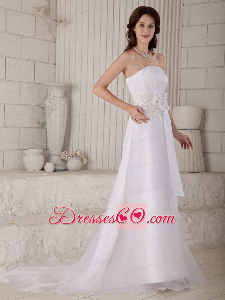 Lovely Column Strapless Court Train Organza Hand Made Flowers and Embroidery Wedding Dress