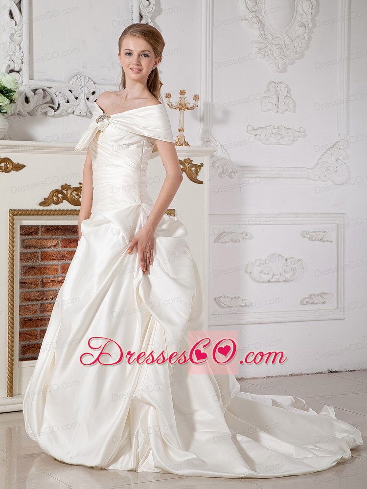 Luxurious A-line Off The Shoulder Court Train Taffeta Beading Wedding Dress