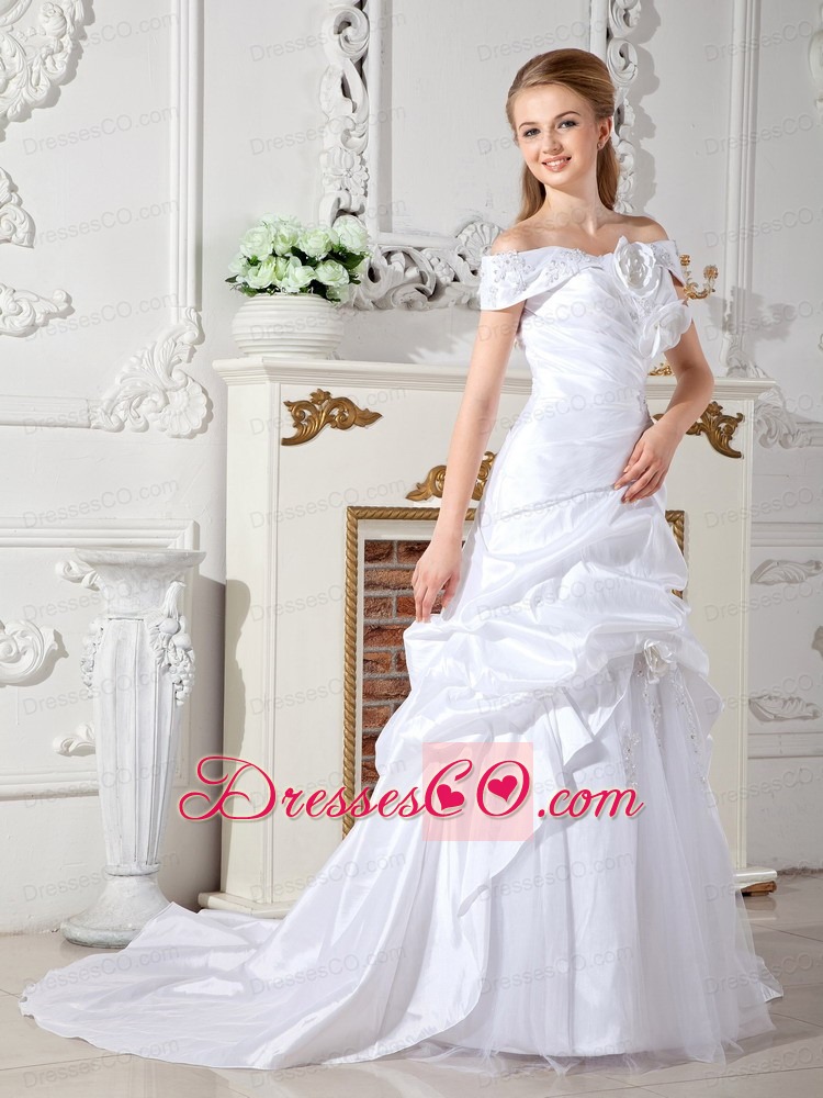 Elegant A-line Off The Shoulder Court Train Taffeta Hand Made Flowers Wedding Dress