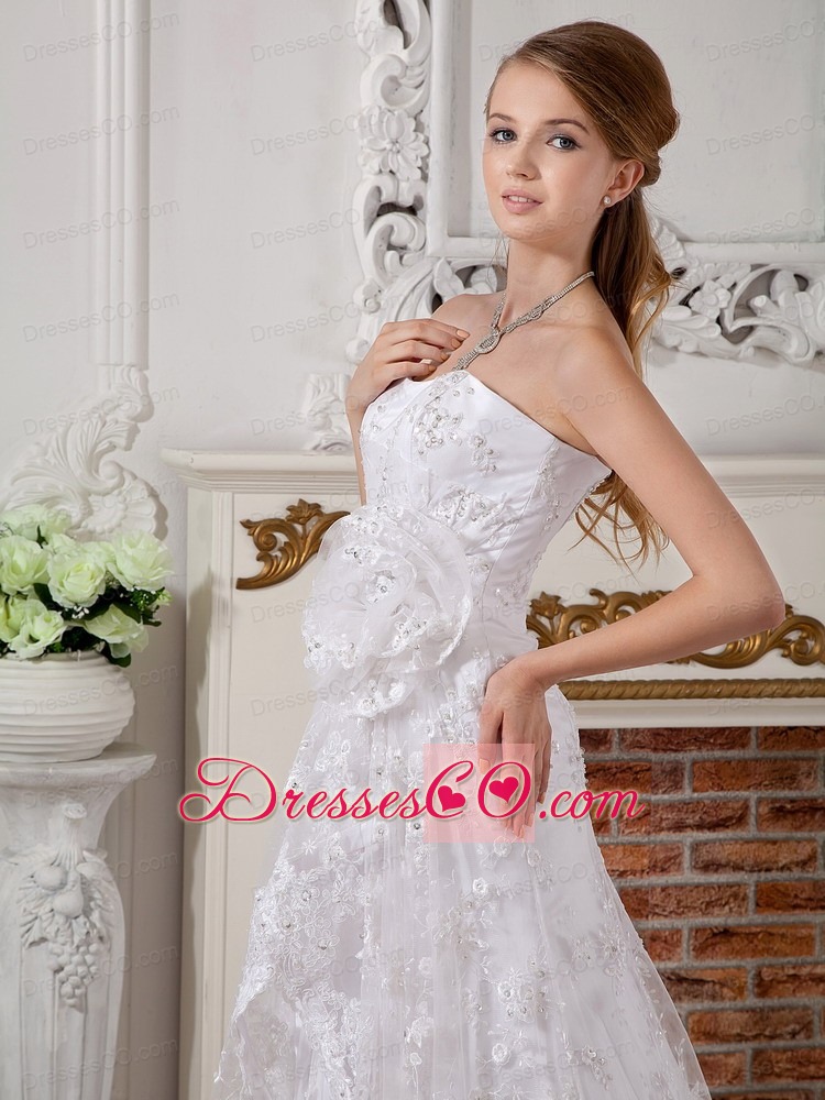 Romantic Empire Strapless Brush Train Lace Hand Made Flowers Wedding Dress