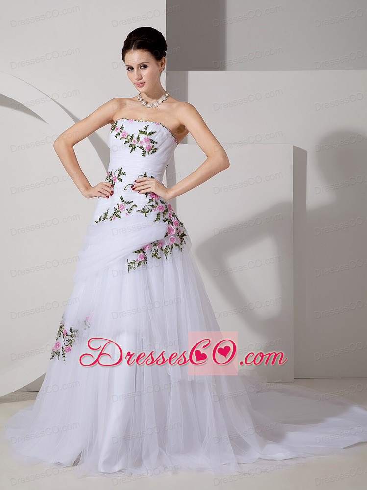 Pretty A-line Strapless Court Train Tulle Appliques and Ruched Wedding Dress