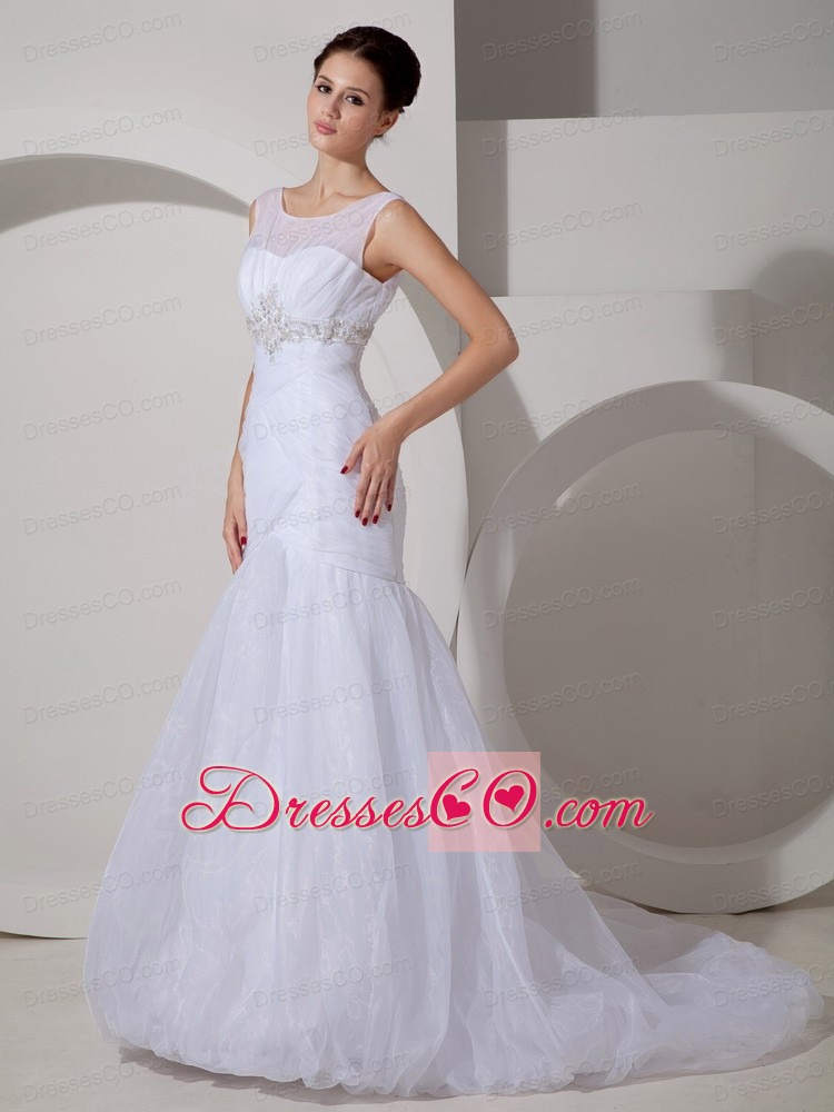 Pretty Mermaid Scoop Court Train Tulle Appliques and Ruched Wedding Dress