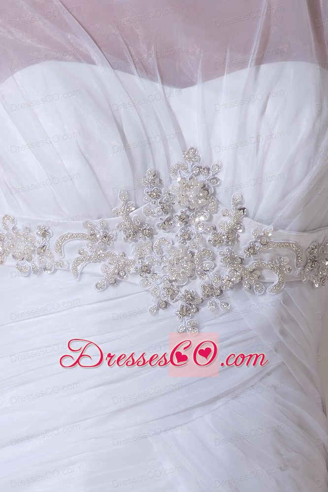 Pretty Mermaid Scoop Court Train Tulle Appliques and Ruched Wedding Dress