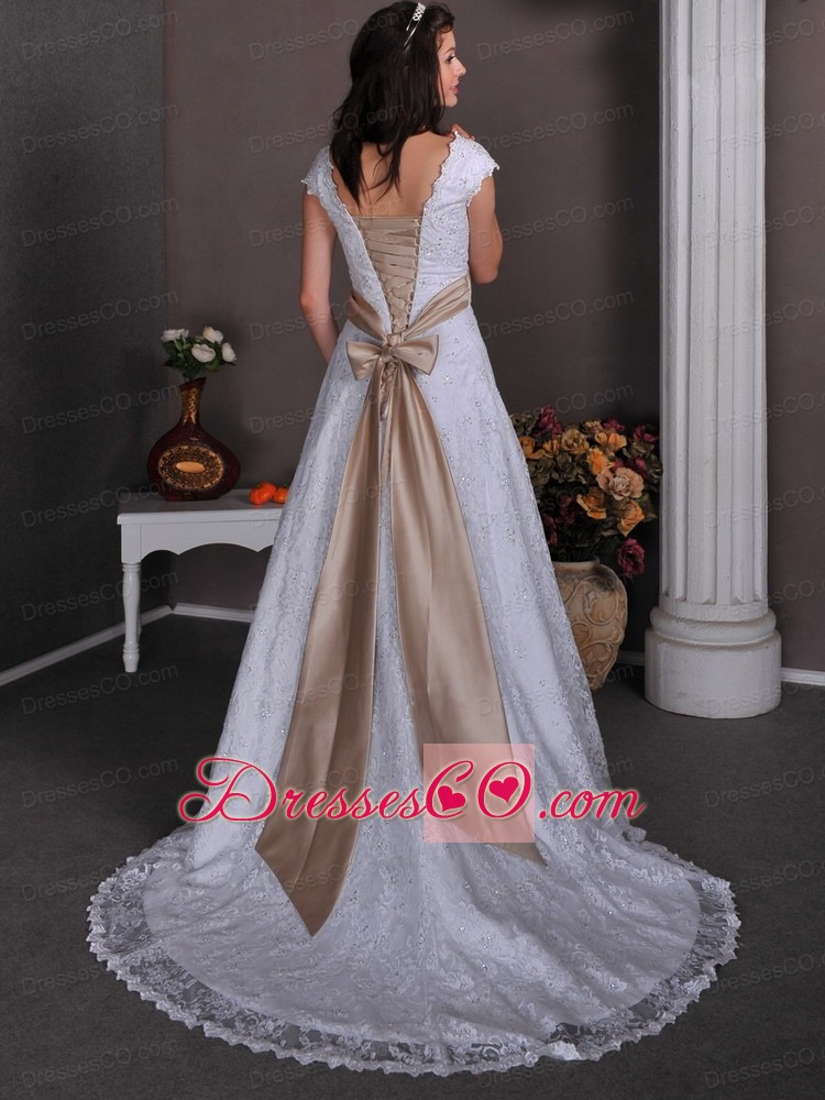 Pretty A-line V-neck Court Train Taffeta and Lace Beading Wedding Dress