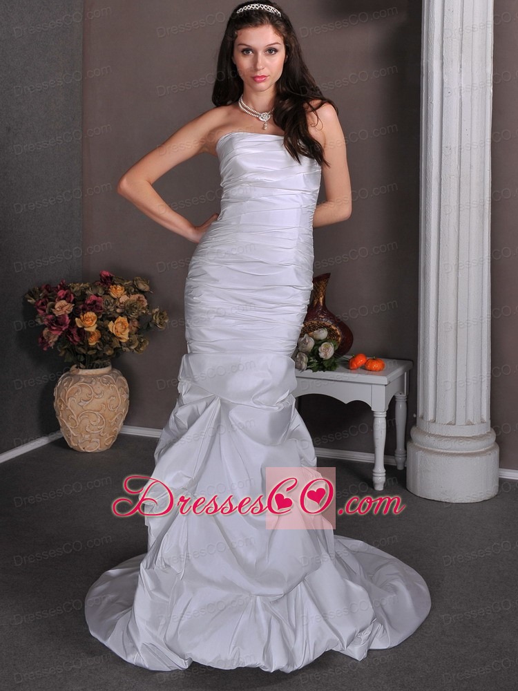 Elegant Column Strapless Brush Train Taffeta Ruched and Pick-ups Wedding Dress