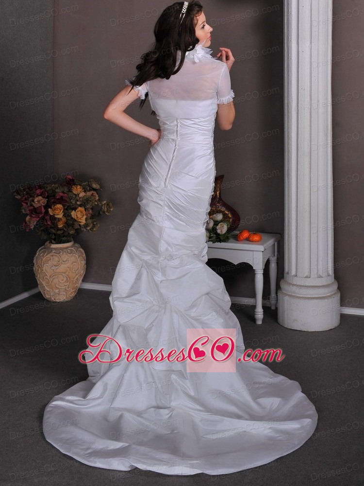 Elegant Column Strapless Brush Train Taffeta Ruched and Pick-ups Wedding Dress