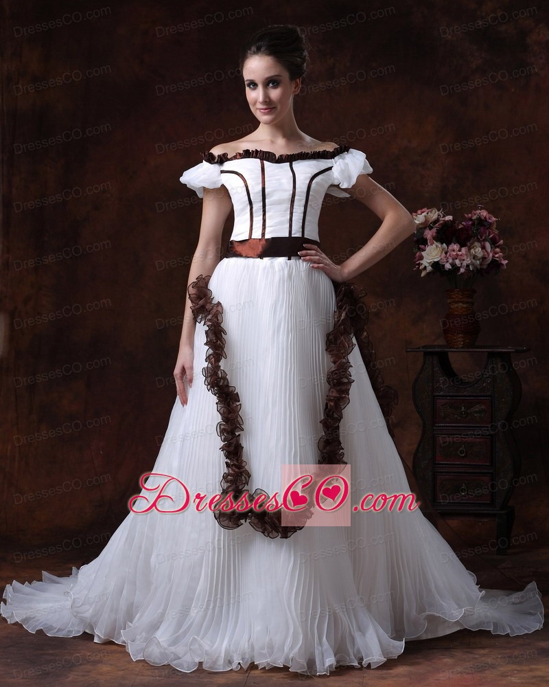 Off The Shoulder A-Line Elegant Organza Court Train Wedding Dress Pleat