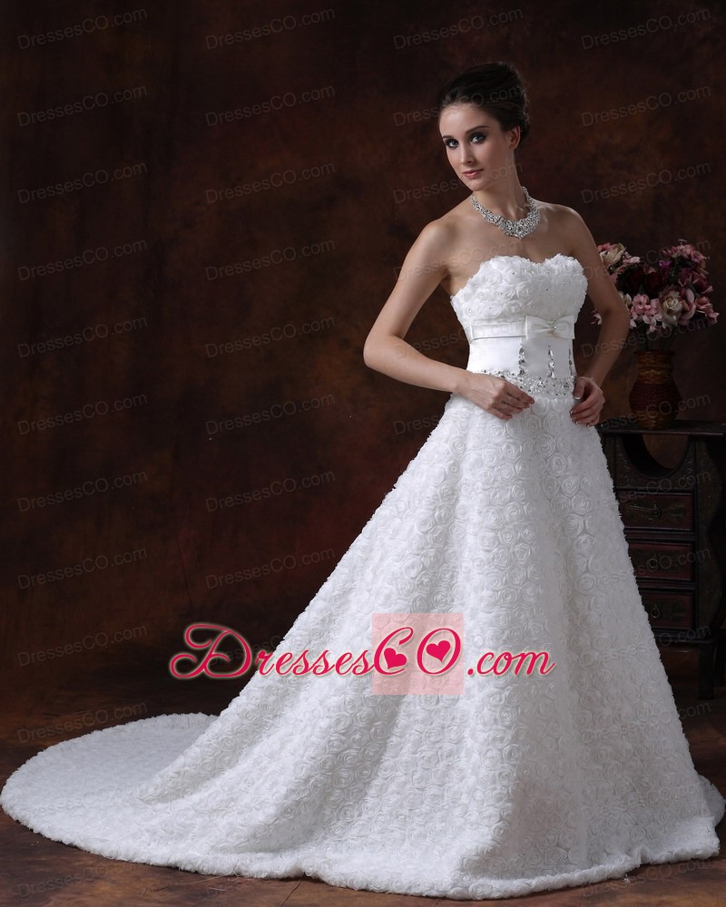 Rolling Flower Wedding Dress A-Line Bowknot Court Train With Beading