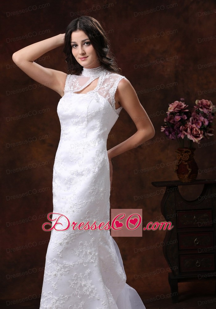 Mermaid Embroidery Decorate Gorgrous Organza Wedding Dress With High Neckline