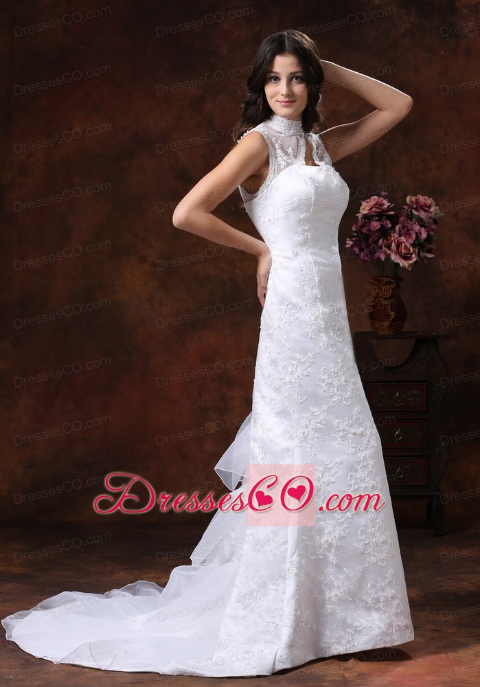 Mermaid Embroidery Decorate Gorgrous Organza Wedding Dress With High Neckline