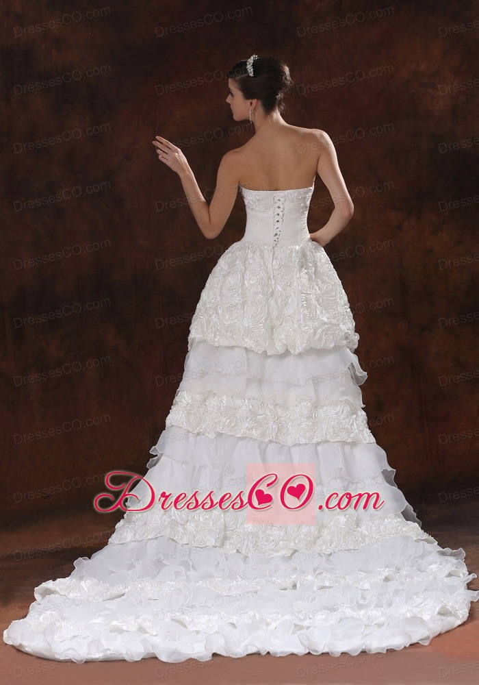 High-low White Wedding Dress For Wedding Party With Fabric With Rolling Flowers