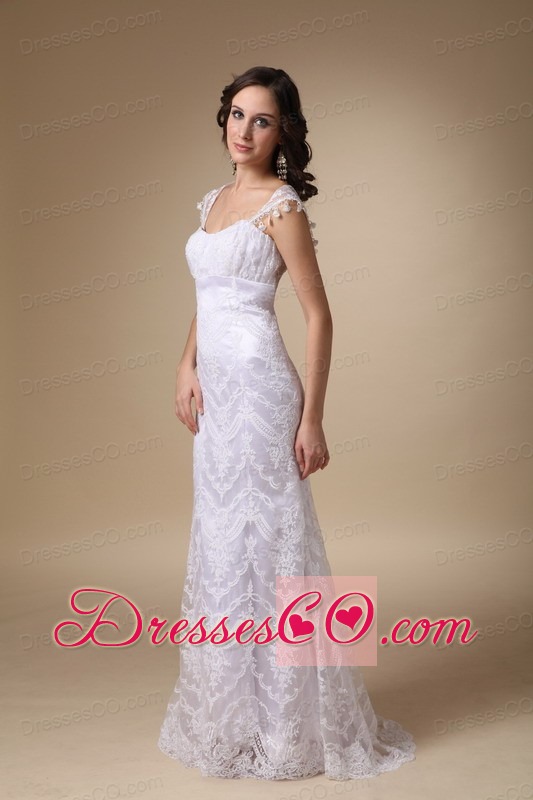 Fashionable Column Square Brush Train Satin and Lace Wedding Dress