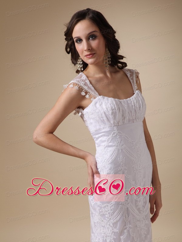 Fashionable Column Square Brush Train Satin and Lace Wedding Dress