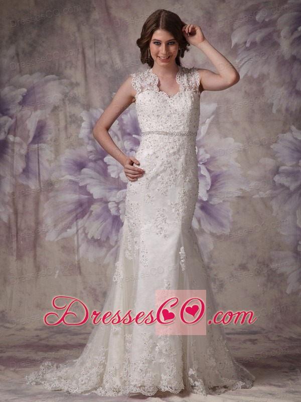 Afforable Mermaid Wide Straps Court Train Lace Beading Wedding Dress