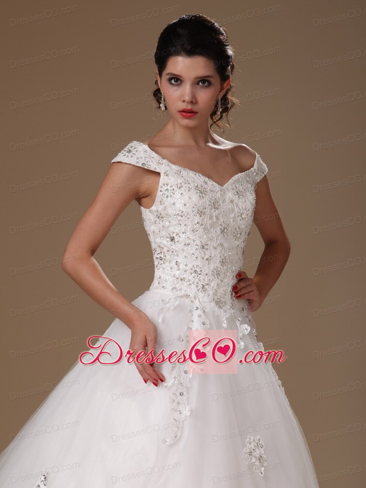 Off Shoulder A-line ppliques Tulle Church Court Train New Styles Wedding Dress For Custom Made