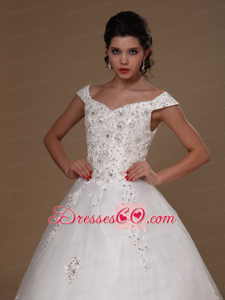 Off Shoulder A-line ppliques Tulle Church Court Train New Styles Wedding Dress For Custom Made