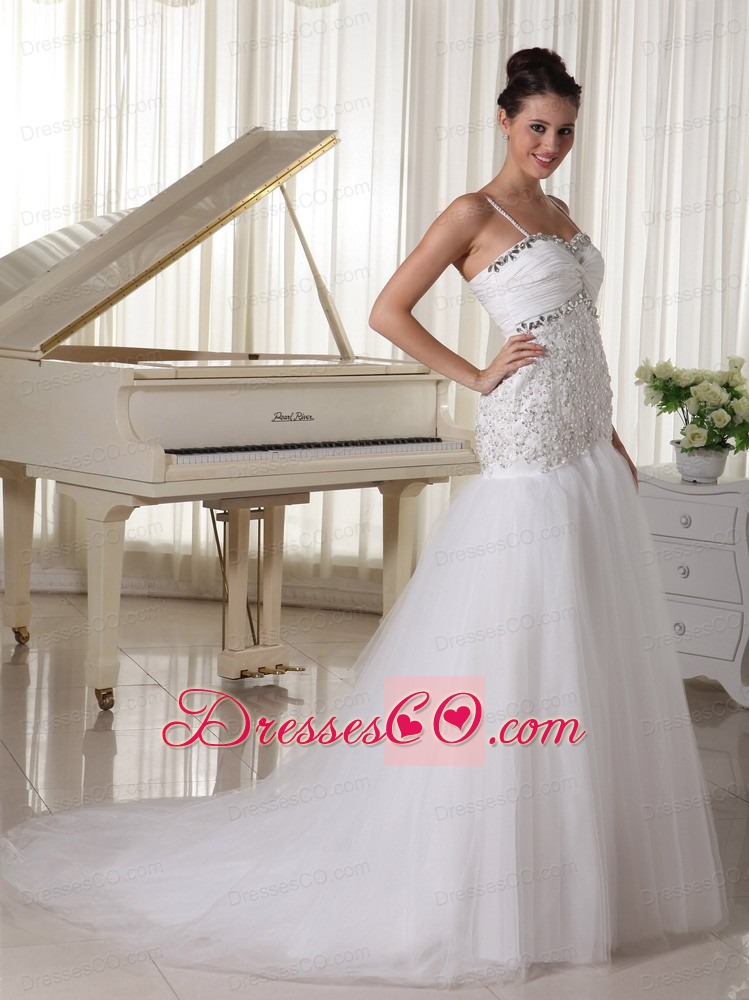 Spaghetti Straps Taffeta and Tulle A-line Wedding Dress With Beaded Decorate Up Bodice Court Train