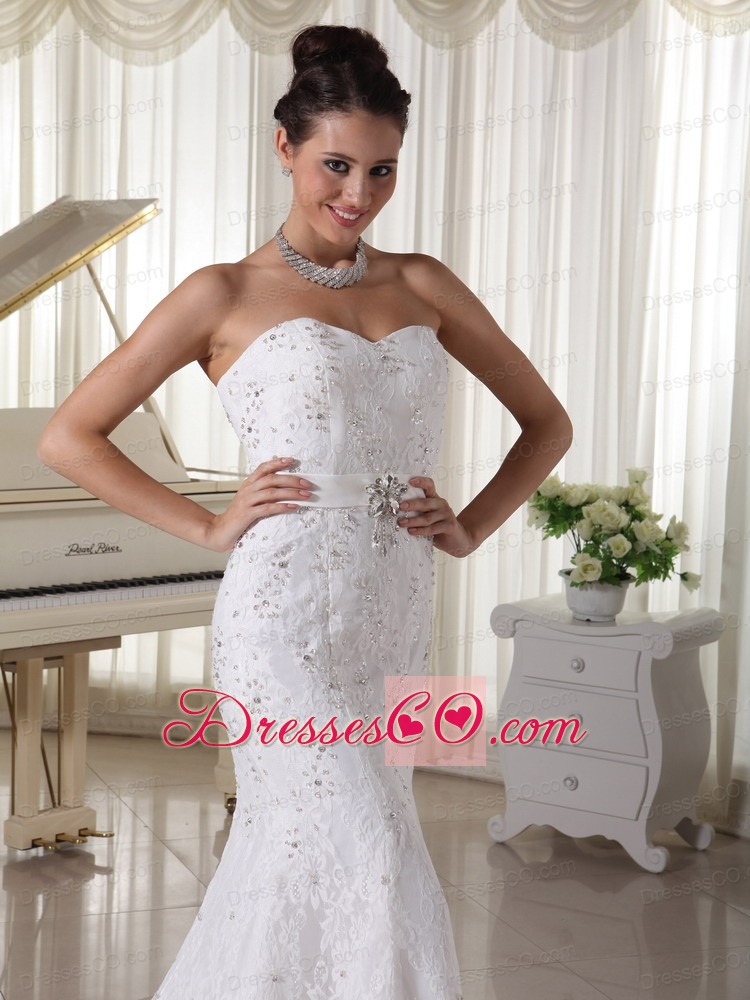 Court Train Sheath Wedding Gowns With Beading Over Bodice Lace and Elastic Woven Satin
