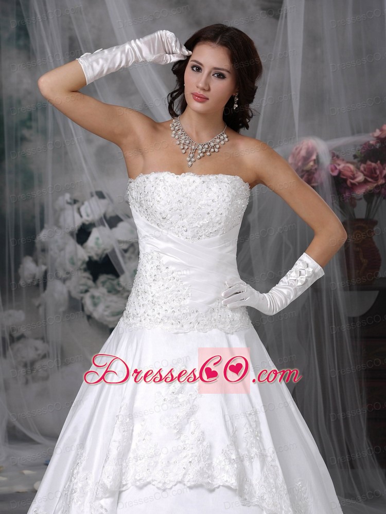 Perfect A-line Strapless Court Train Lace Wedding Dress