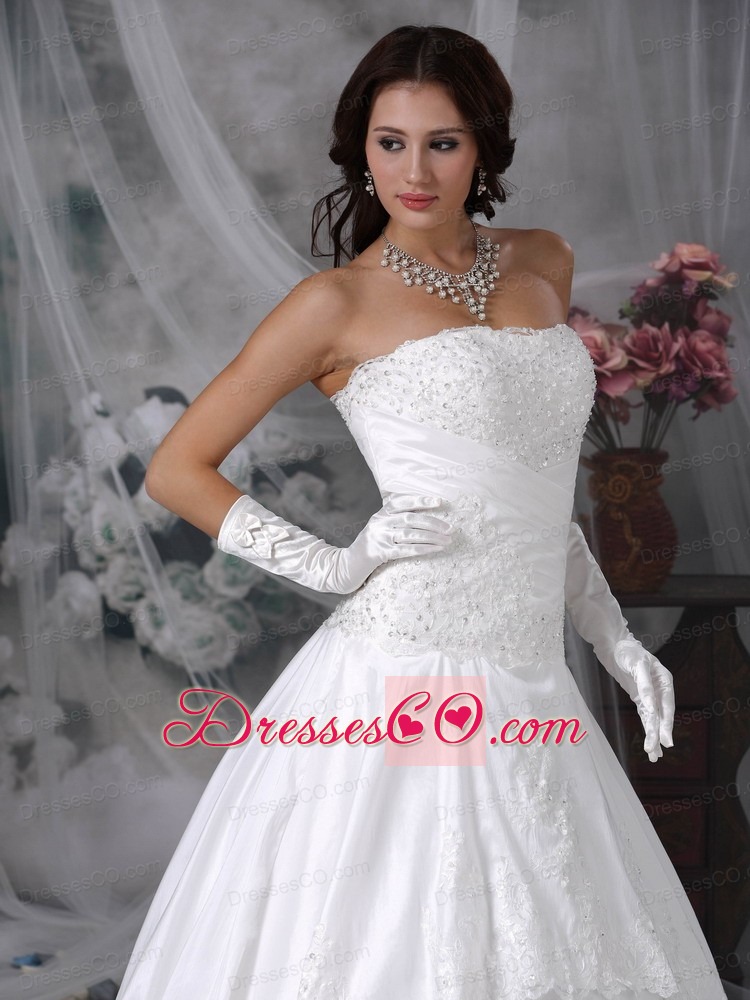 Perfect A-line Strapless Court Train Lace Wedding Dress