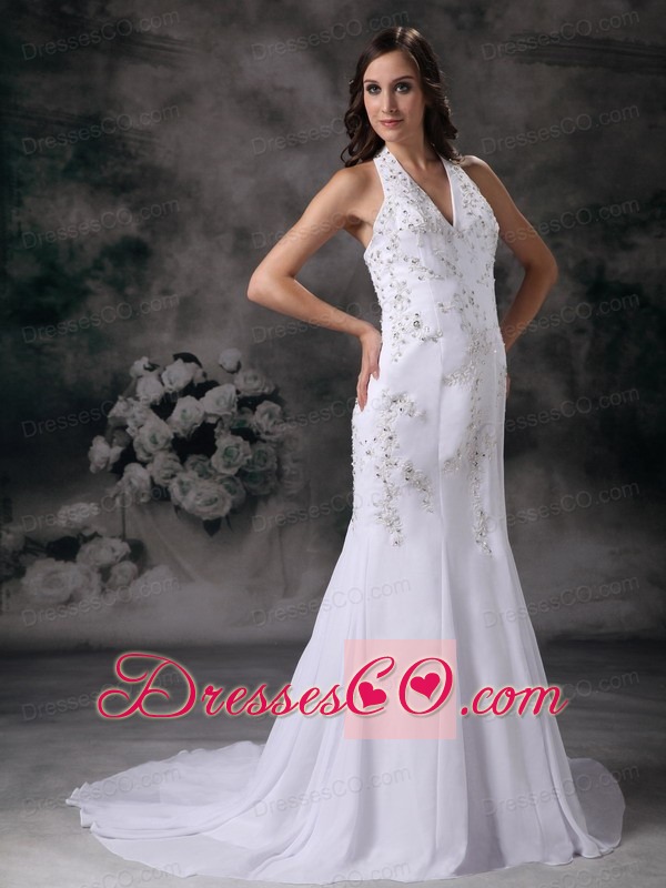 Elegant Mermaid Halter Court Train Chiffon Embroidery with Beading Wedding Dress