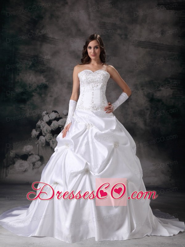 Beautiful A-line Court Train Taffeta Embroidery with Beading Wedding Dress