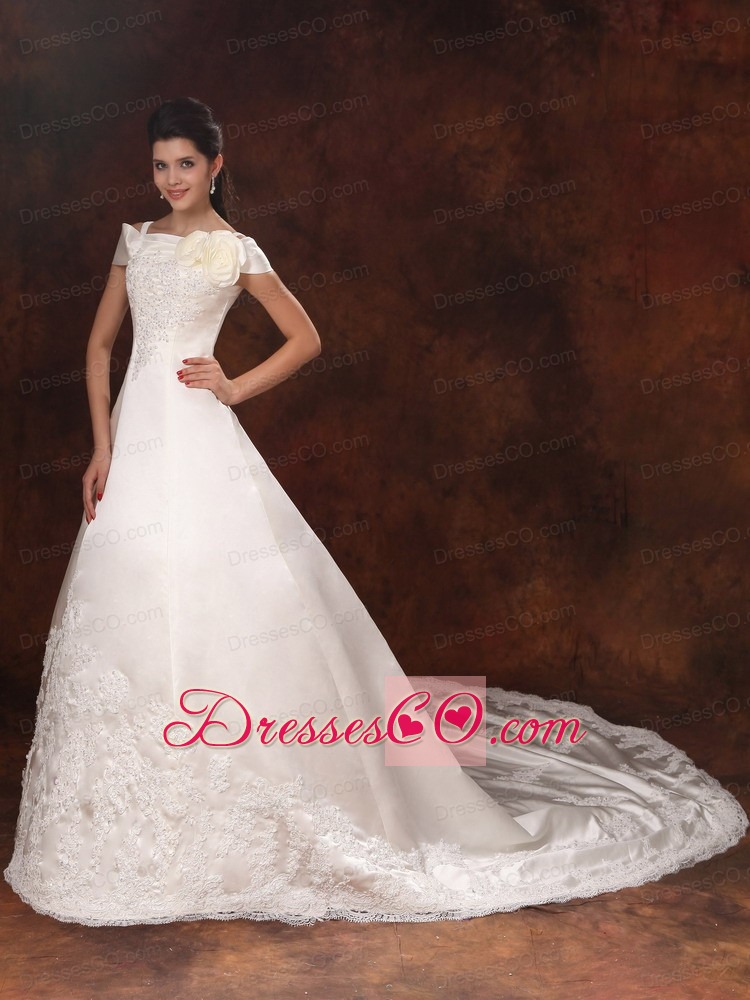 Lace Off The Shoulder A-Line Elegant Appliques Customize Cathedral Train Wedding Dress