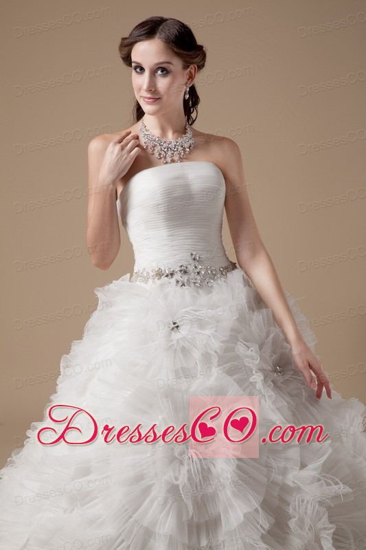 Ball Gown Strapless Long Satin And Tulle Beading Wedding Dress