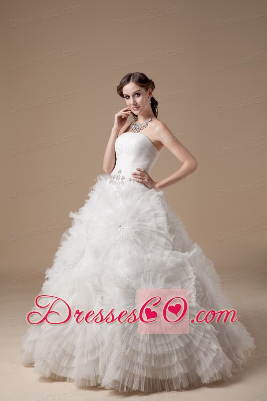 Ball Gown Strapless Long Satin And Tulle Beading Wedding Dress