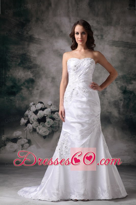 Beautiful Column Brush Train Satin Appliques Wedding Dress