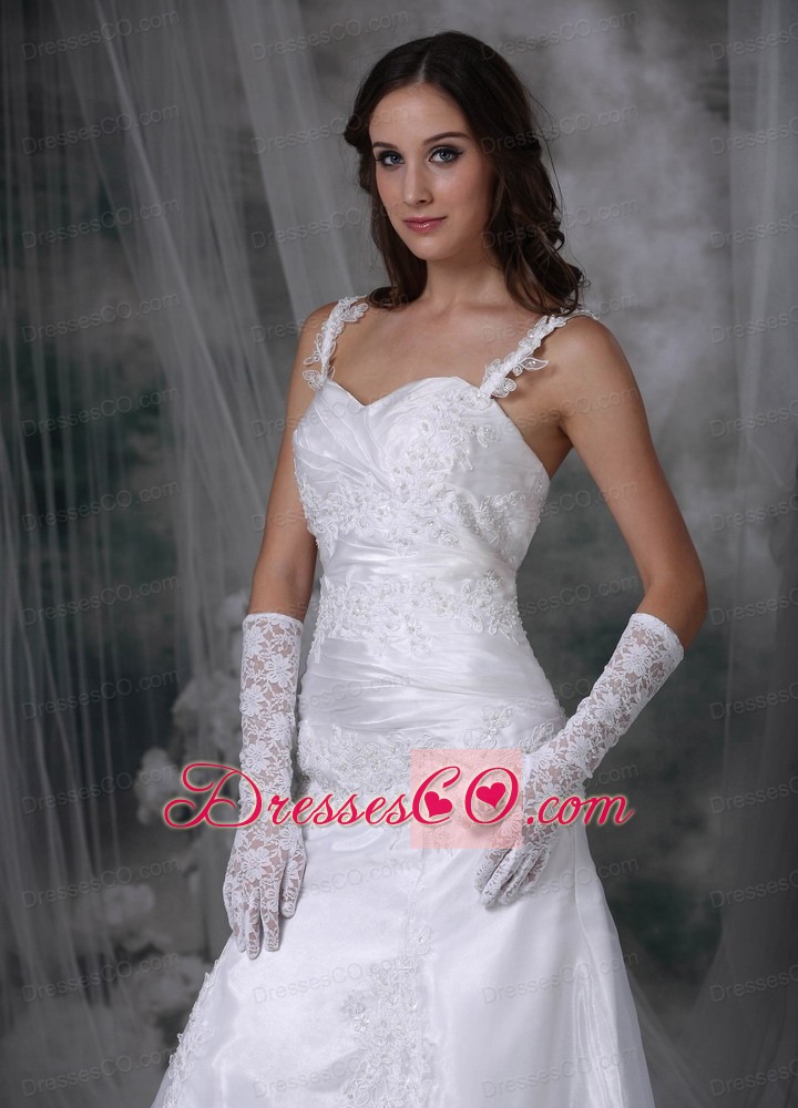 Sweet A-line Straps Brush Train Organza Appliques and Ruched Wedding Dress