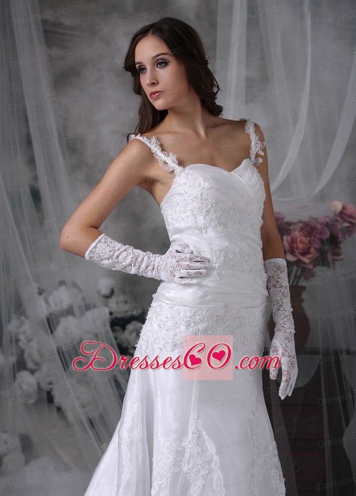 Sweet A-line Straps Brush Train Organza Appliques and Ruched Wedding Dress