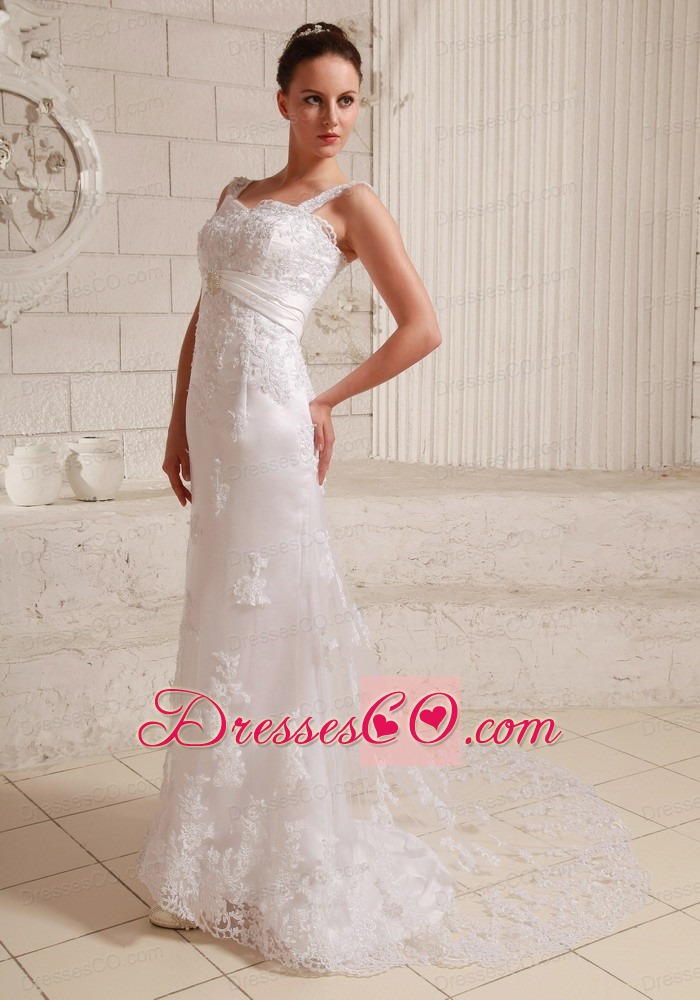 Luxurious Straps Column Lace and Satin Wedding Dress With Beading Brush Train