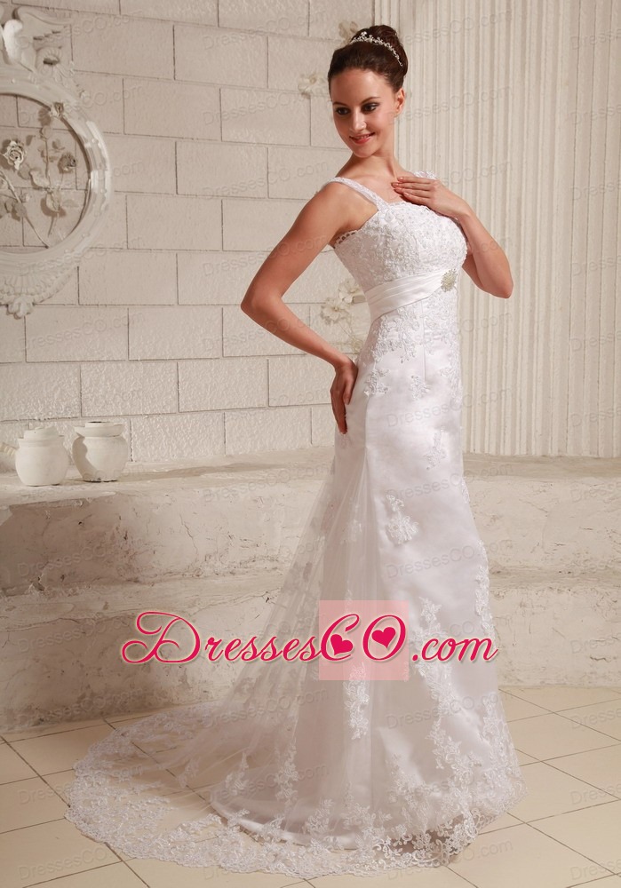 Luxurious Straps Column Lace and Satin Wedding Dress With Beading Brush Train