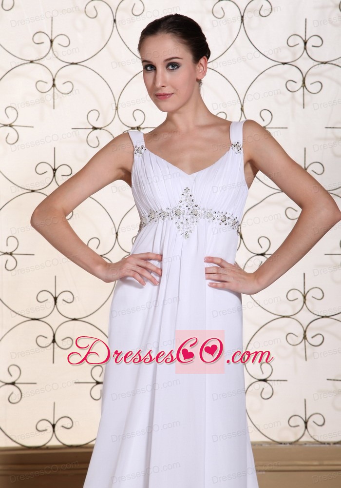 Elegant White Prom Dress For V-neck Beaded Decorate Bust Chiffon Brush Train Gown