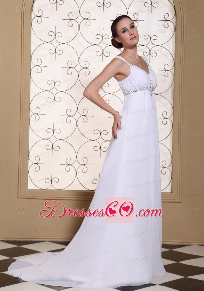 Elegant White Prom Dress For V-neck Beaded Decorate Bust Chiffon Brush Train Gown