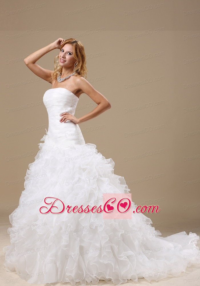 Exclusive Style Ruffles Decorate Bodice Hand Made Flowers A-line Court Train Organza Wedding Dress