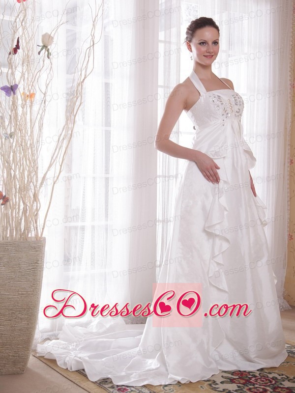 White A-Line / Princess Halter Brush Ttrain Taffeta Rhinestones Wedding Dress