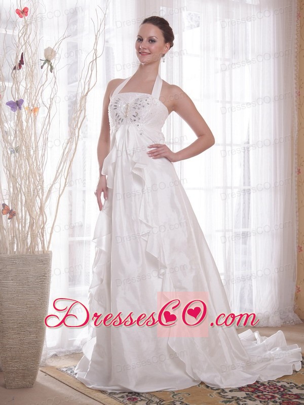 White A-Line / Princess Halter Brush Ttrain Taffeta Rhinestones Wedding Dress