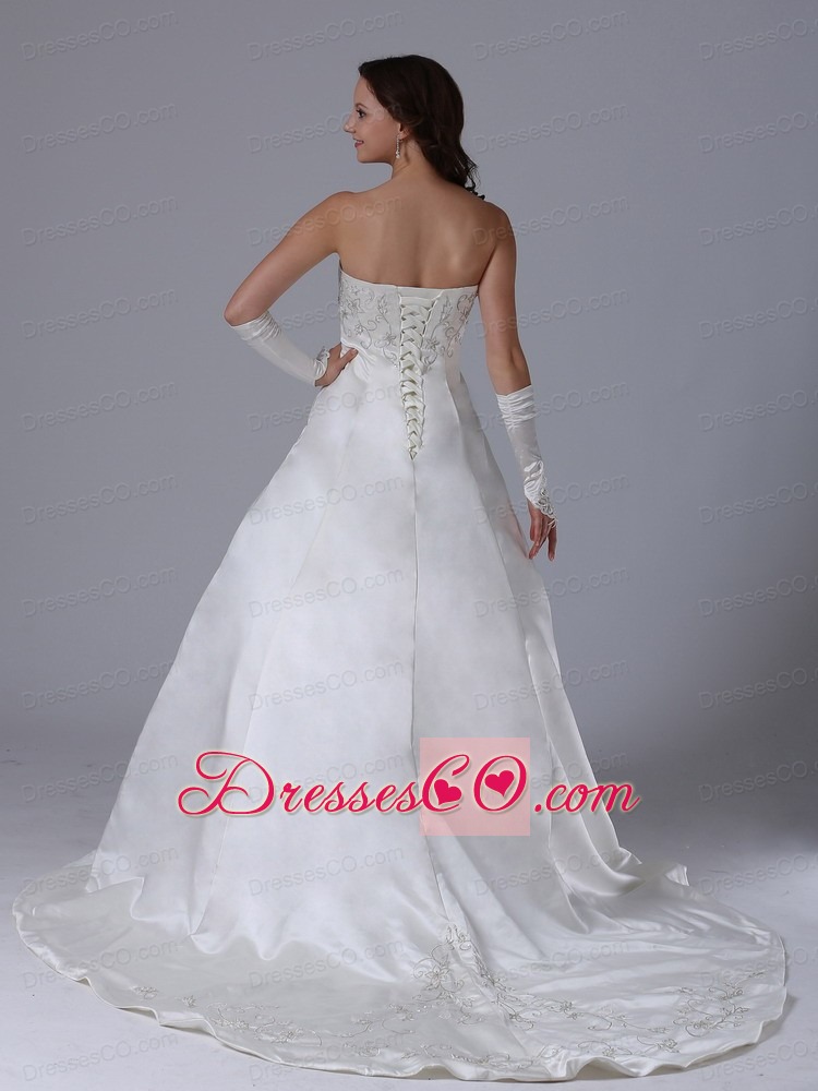 Custom Made A-line Embroidery Wedding Dress With Ruched Strapless