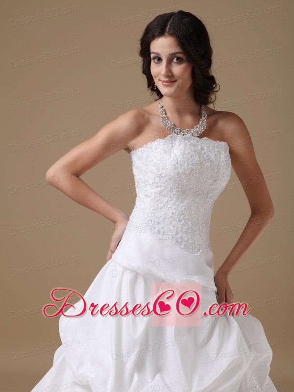 Formal A-line Strapless Court Train Taffeta Lace Wedding Dress