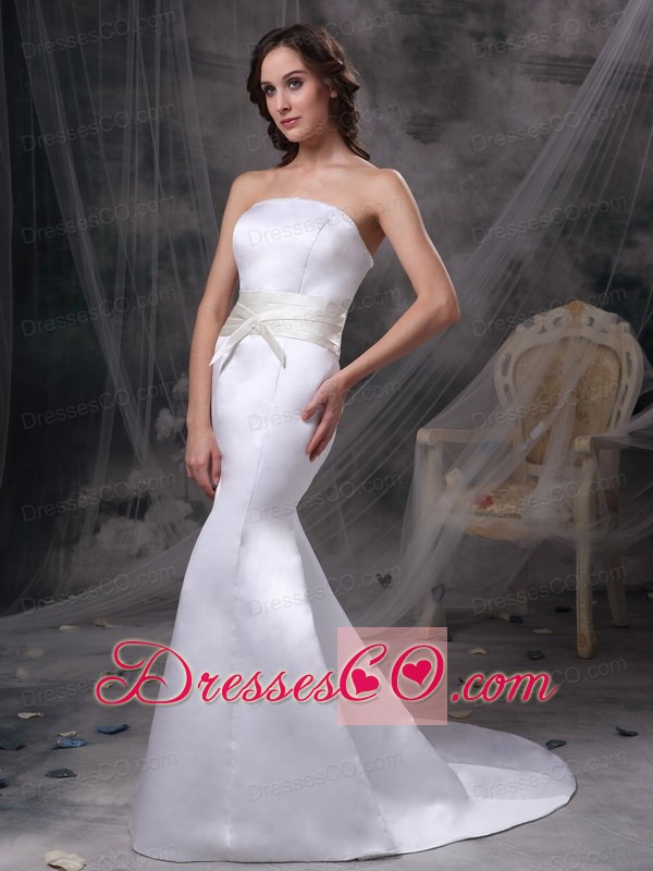 White Mermaid Strapless Brush Train Satin Belt Wedding Dress