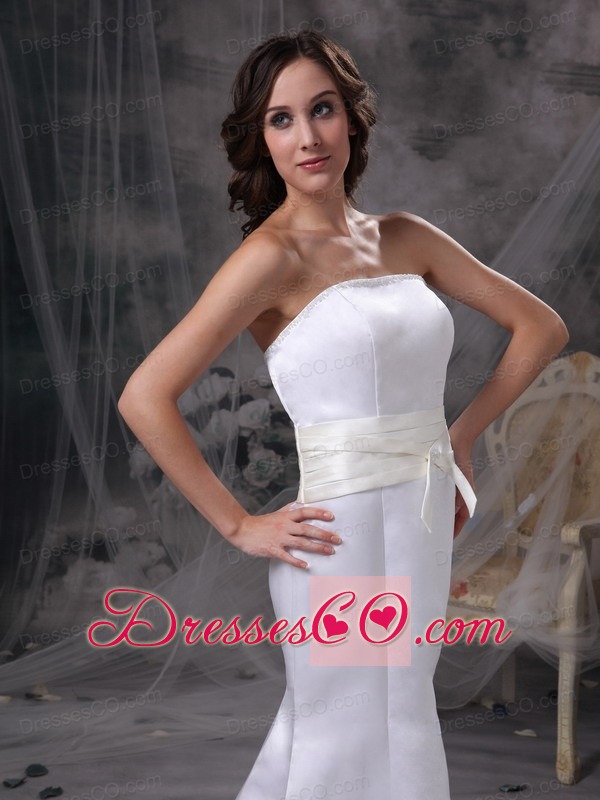 White Mermaid Strapless Brush Train Satin Belt Wedding Dress