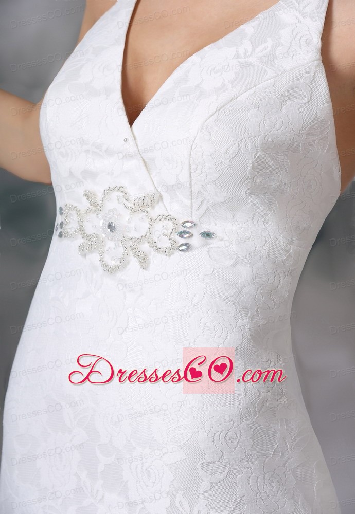 V-neck Lace Decorate Bodice Beaded Decorate Bust Brush Train Wedding Dress
