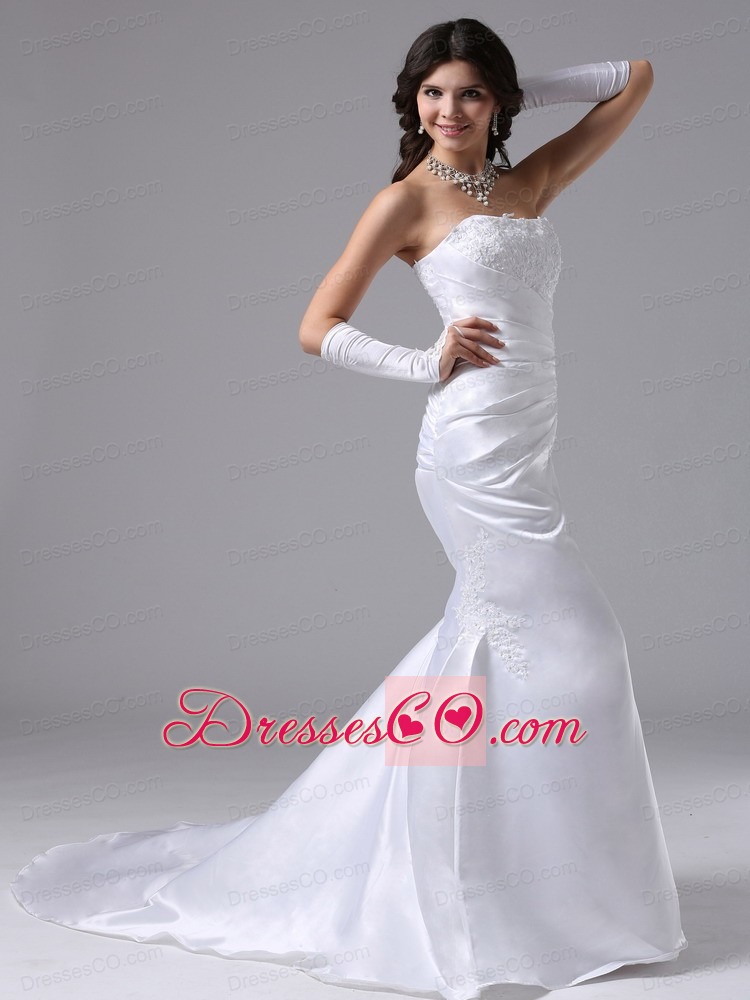 Column Strapless and Lace For Romantic Wedding Dress Brush Train